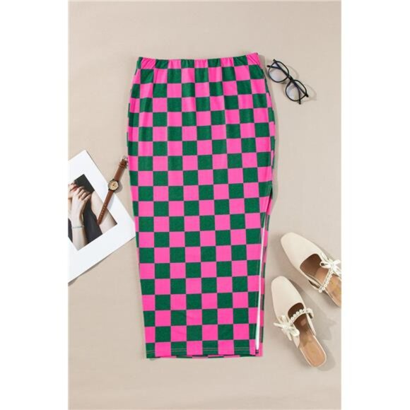 Rose Checkered Print Side Slit High Waist Midi Skirt - Picture 1 of 8
